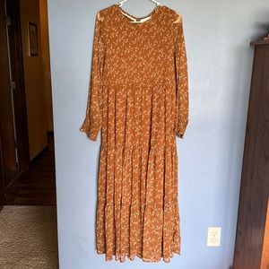 Bohme camel & ivory floral long sleeve maxi dress; Sz L